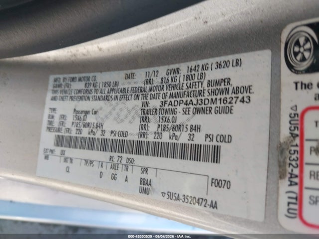 Aukcja sprzedaży 2013 Ford Fiesta S, vin: 3FADP4AJ3DM162743, numer aukcji: 45303539