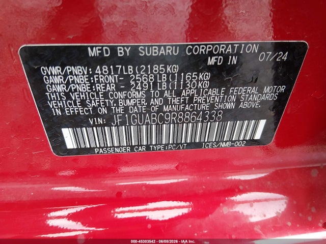 Aukcja sprzedaży 2024 Subaru Impreza Base 5-door, vin: JF1GUABC9R8864338, numer aukcji: 45303542