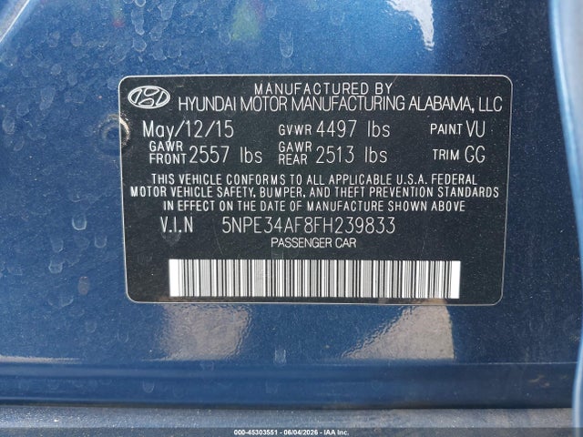 45303551 :رقم المزاد ، 5NPE34AF8FH239833 vin ، 2015 Hyundai Sonata Limited مزاد بيع