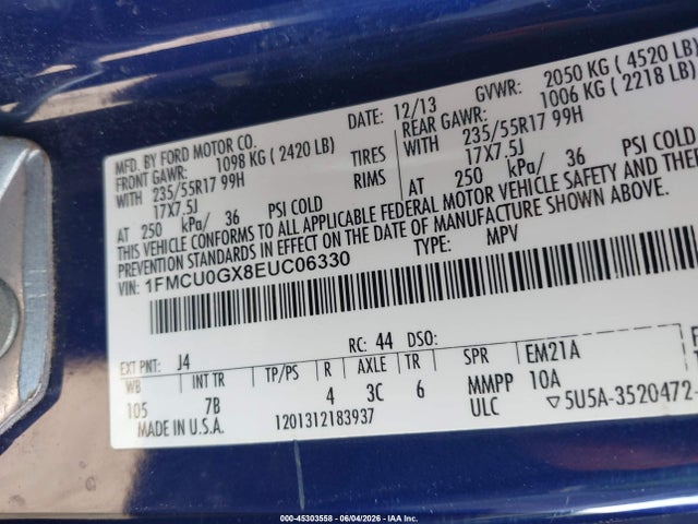 45303558 :رقم المزاد ، 1FMCU0GX8EUC06330 vin ، 2014 Ford Escape Se مزاد بيع