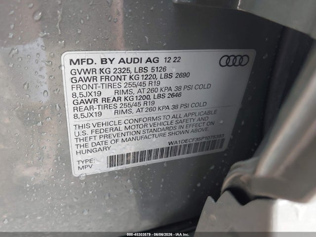 45303579 :رقم المزاد ، WA1DECF35P1075393 vin ، 2023 Audi Q3 Premium 45 Tfsi S Line Quattro Tiptronic مزاد بيع