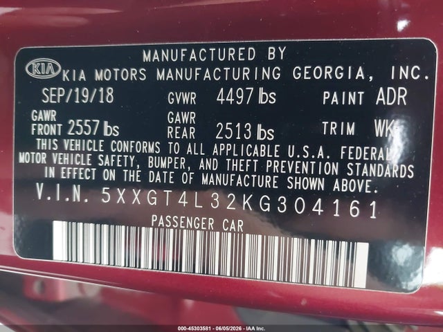 KIA Optima S 2019 5XXGT4L32KG304161 Image 9