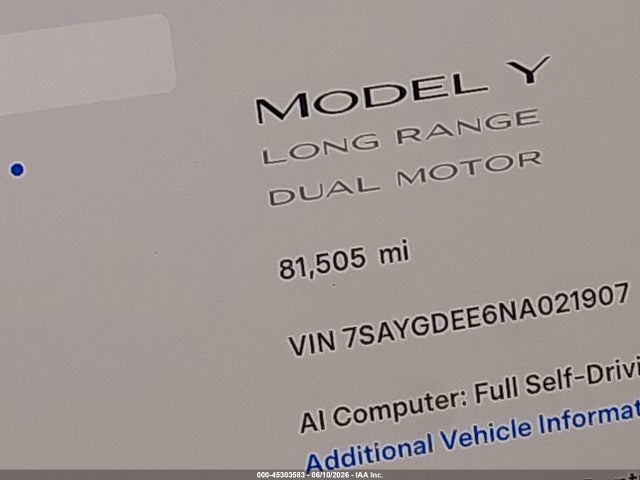 Продажа на аукционе авто 2022 Tesla Model Y Long Range Dual Motor All-wheel Drive, vin: 7SAYGDEE6NA021907, номер лота: 45303583