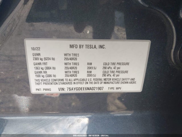 Продажа на аукционе авто 2022 Tesla Model Y Long Range Dual Motor All-wheel Drive, vin: 7SAYGDEE6NA021907, номер лота: 45303583