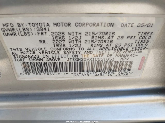 Aukcja sprzedaży 2001 Toyota Rav4, vin: JTEGH20VX10031851, numer aukcji: 45303587