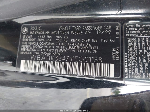 Aukcja sprzedaży 2000 Bmw 323ci, vin: WBABR3347YEG01158, numer aukcji: 45303593