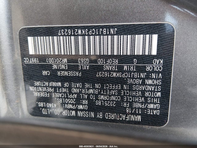 Продаж на аукціоні авто 2019 Nissan Rogue Sport S, vin: JN1BJ1CP3KW216237, номер лоту: 45303631