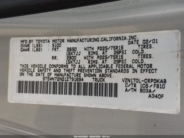 45303686 :رقم المزاد ، 5TEWN72N21Z791694 vin ، 2001 Toyota Tacoma Base V6 مزاد بيع