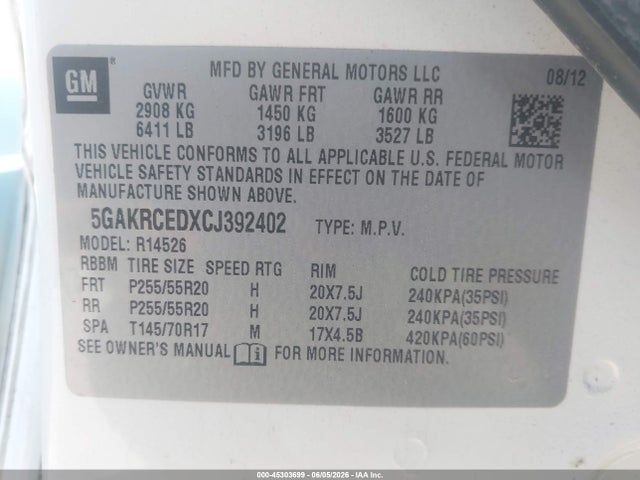 Aukcja sprzedaży 2012 Buick Enclave Leather, vin: 5GAKRCEDXCJ392402, numer aukcji: 45303699
