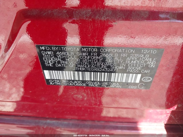 Продаж на аукціоні авто 2011 Lexus Es 350, vin: JTHBK1EGXB2432471, номер лоту: 45303704