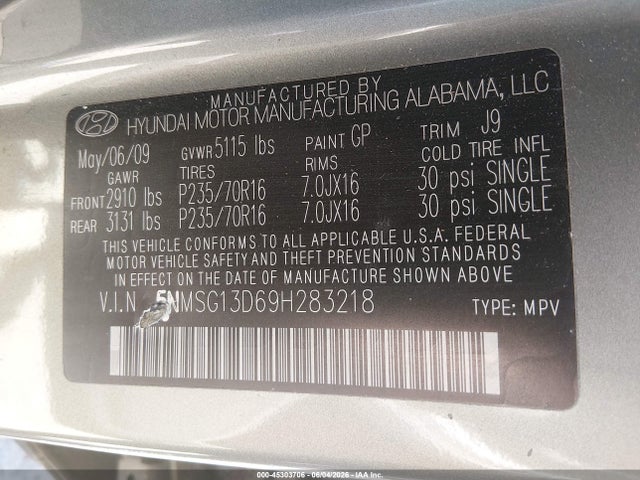Продаж на аукціоні авто 2009 Hyundai Santa Fe Gls, vin: 5NMSG13D69H283218, номер лоту: 45303706
