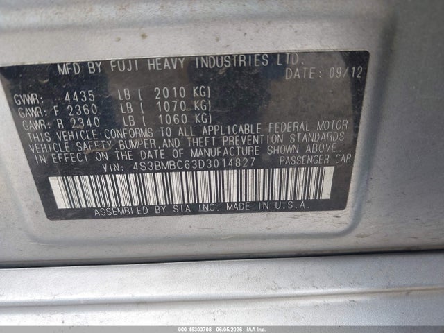 45303708 :رقم المزاد ، 4S3BMBC63D3014827 vin ، 2013 Subaru Legacy 2.5i Premium مزاد بيع