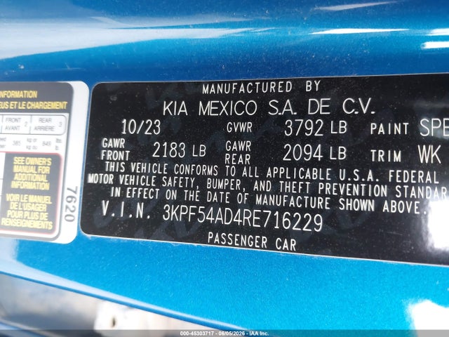 2024 Kia Forte Gt-line მანქანა იყიდება აუქციონზე, vin: 3KPF54AD4RE716229, აუქციონის ნომერი: 45303717