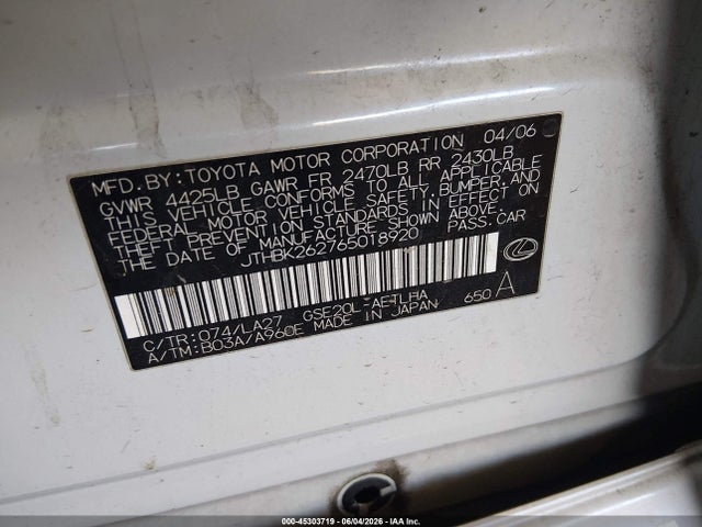 Aukcja sprzedaży 2006 Lexus Is 250, vin: JTHBK262765018920, numer aukcji: 45303719