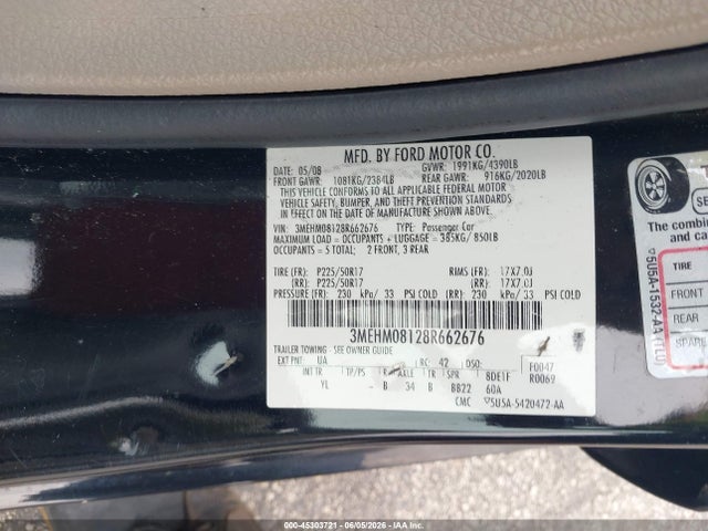 Aukcja sprzedaży 2008 Mercury Milan V6 Premier, vin: 3MEHM08128R662676, numer aukcji: 45303721