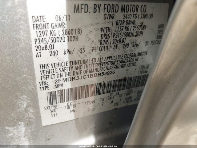 Продаж на аукціоні авто 2011 Ford Edge Sel, vin: 2FMDK3JC1BBB53926, номер лоту: 45303734