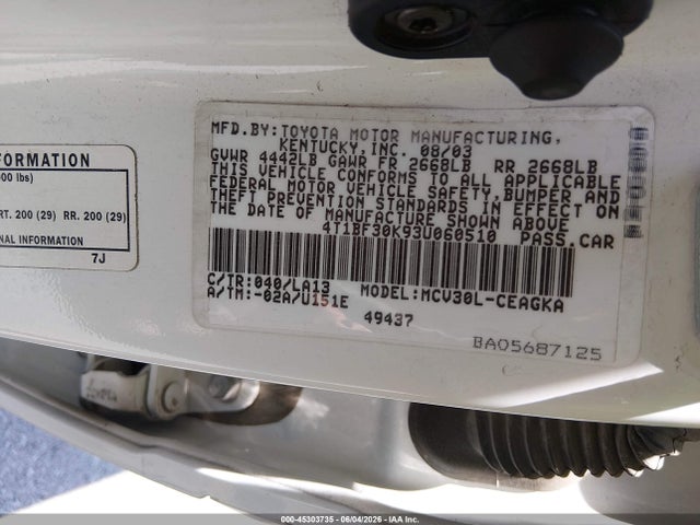 45303735 :رقم المزاد ، 4T1BF30K93U060510 vin ، 2003 Toyota Camry Xle V6 مزاد بيع