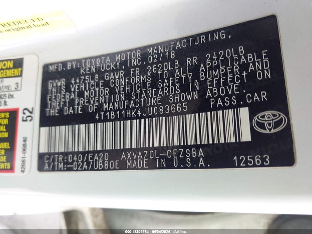 Toyota CAMRY SE 2018 4T1B11HK4JU083665 Image 9
