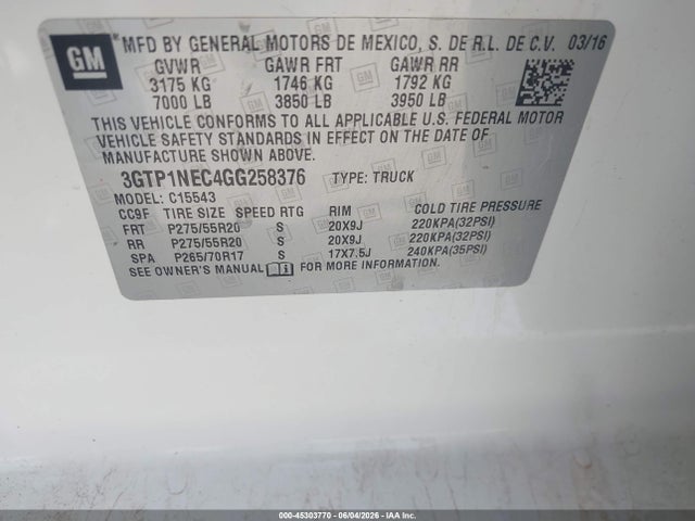 Aukcja sprzedaży 2016 Gmc Sierra 1500 Slt, vin: 3GTP1NEC4GG258376, numer aukcji: 45303770