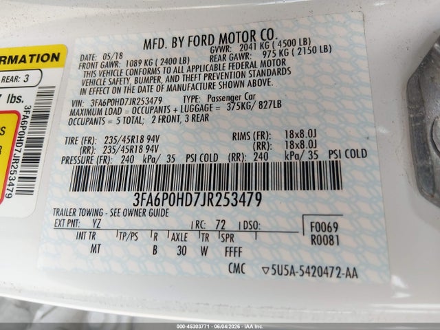 45303771 :رقم المزاد ، 3FA6P0HD7JR253479 vin ، 2018 Ford Fusion Se مزاد بيع
