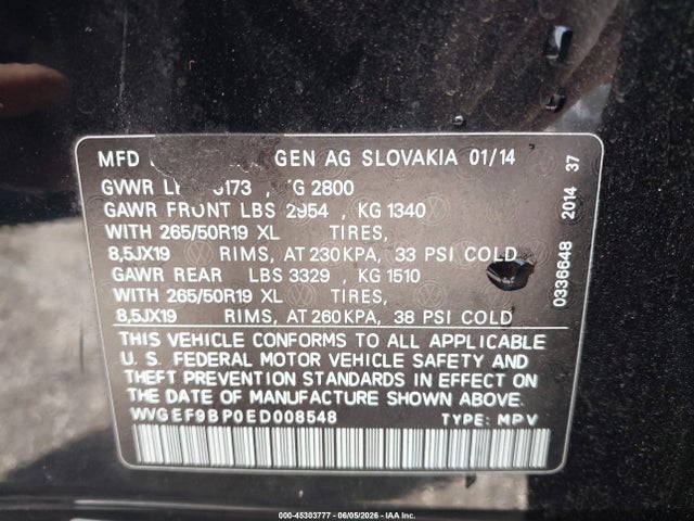 45303777 :رقم المزاد ، WVGEF9BP0ED008548 vin ، 2014 Volkswagen Touareg 3.6l Lux مزاد بيع