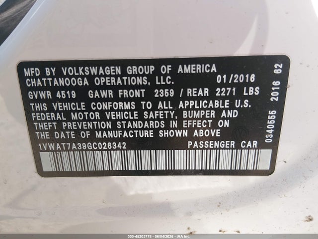 Aukcja sprzedaży 2016 Volkswagen Passat 1.8t S, vin: 1VWAT7A39GC026342, numer aukcji: 45303778