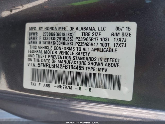 Honda ODYSSEY EX 2015 5FNRL5H42FB104485 Image 9