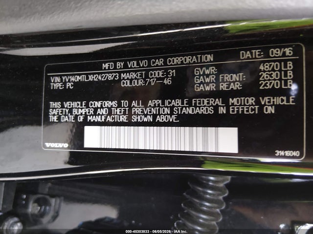 Aukcja sprzedaży 2017 Volvo S60 T5 Dynamic, vin: YV140MTLXH2427873, numer aukcji: 45303833
