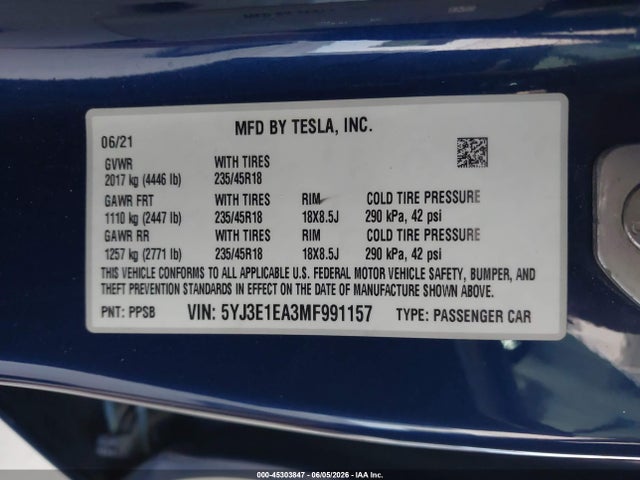 Tesla Model 3 Standard Range Plus Rear-wheel Drive 2021 5YJ3E1EA3MF991157 Image 9