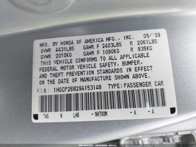 Продажа на аукционе авто 2009 Honda Accord 2.4 Ex-l, vin: 1HGCP26829A153148, номер лота: 45303887