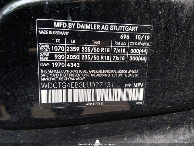2020 Mercedes-benz Gla 250 მანქანა იყიდება აუქციონზე, vin: WDCTG4EB3LU027131, აუქციონის ნომერი: 45303908