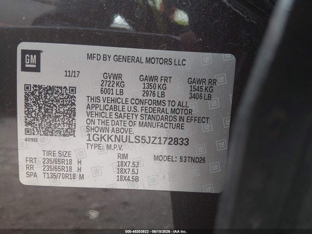 Продажа на аукционе авто 2018 Gmc Acadia Slt-1, vin: 1GKKNULS5JZ172833, номер лота: 45303922