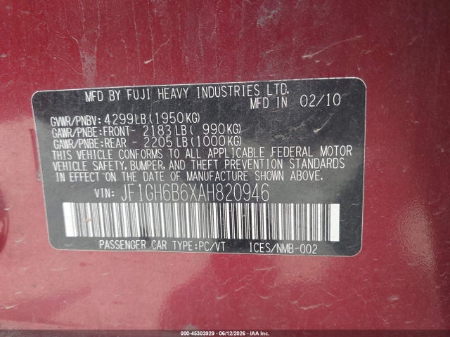Aukcja sprzedaży 2010 Subaru Impreza 2.5i Premium, vin: JF1GH6B6XAH820946, numer aukcji: 45303929