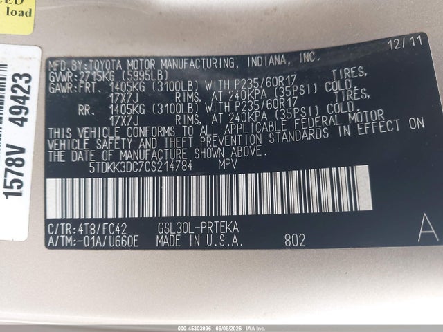 Продаж на аукціоні авто 2012 Toyota Sienna Le V6 8 Passenger, vin: 5TDKK3DC7CS214784, номер лоту: 45303936