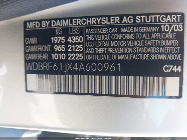 Aukcja sprzedaży 2004 Mercedes-benz C 240, vin: WDBRF61JX4A600961, numer aukcji: 45303941
