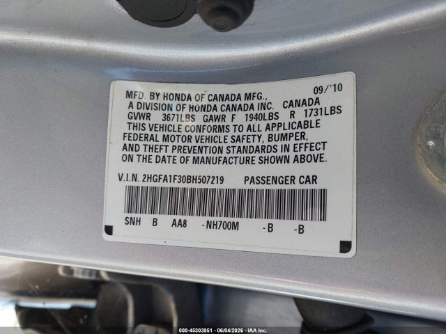 Продаж на аукціоні авто 2011 Honda Civic Vp, vin: 2HGFA1F30BH507219, номер лоту: 45303951