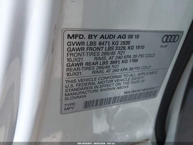 Aukcja sprzedaży 2019 Audi Q8 55 Premium, vin: WA1BVAF16KD005211, numer aukcji: 45303957
