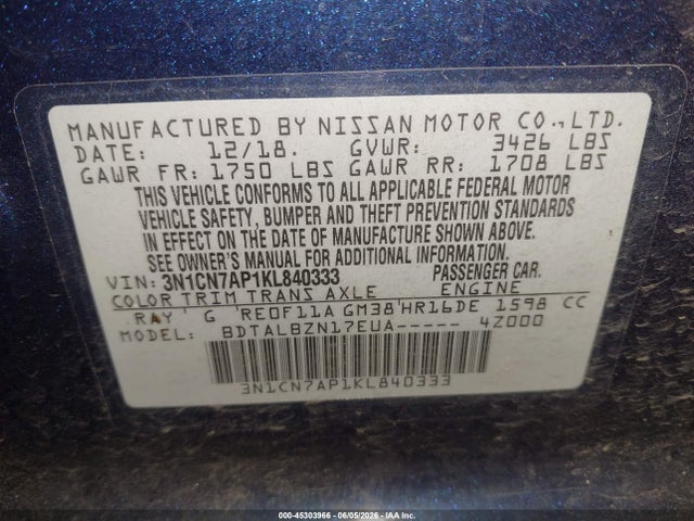 3N1CN7AP1KL840333 Nissan Versa 1.6 Sv
