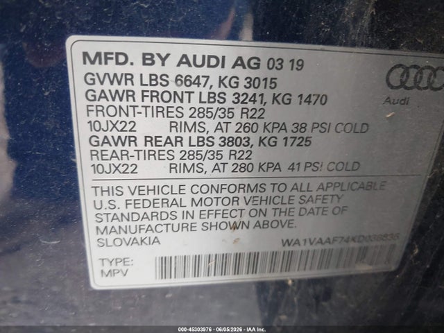 45303976 :رقم المزاد ، WA1VAAF74KD038835 vin ، 2019 Audi Q7 55 Premium مزاد بيع
