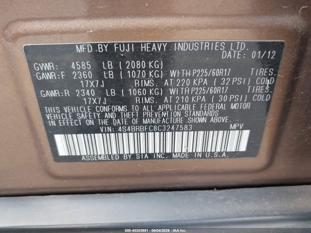Aukcja sprzedaży 2012 Subaru Outback 2.5i Premium, vin: 4S4BRBFC8C3247583, numer aukcji: 45303991