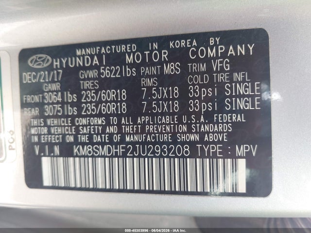 2018 Hyundai Santa Fe Se მანქანა იყიდება აუქციონზე, vin: KM8SMDHF2JU293208, აუქციონის ნომერი: 45303996