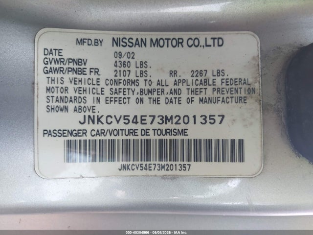 2003 Infiniti G35 Base W/leather მანქანა იყიდება აუქციონზე, vin: JNKCV54E73M201357, აუქციონის ნომერი: 45304006