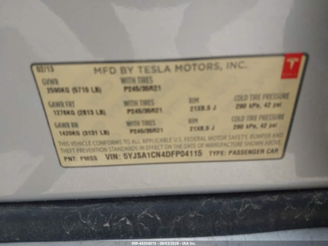 Aukcja sprzedaży 2013 Tesla Model S, vin: 5YJSA1CN4DFP04115, numer aukcji: 45304015