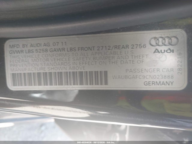 45304026 :رقم المزاد ، WAUBGAFC9CN023888 vin ، 2012 Audi A6 3.0 Premium مزاد بيع
