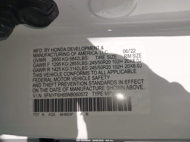 Продажа на аукционе авто 2022 Honda Pilot Awd Touring 7 Passenger, vin: 5FNYF6H65NB060572, номер лота: 45304045