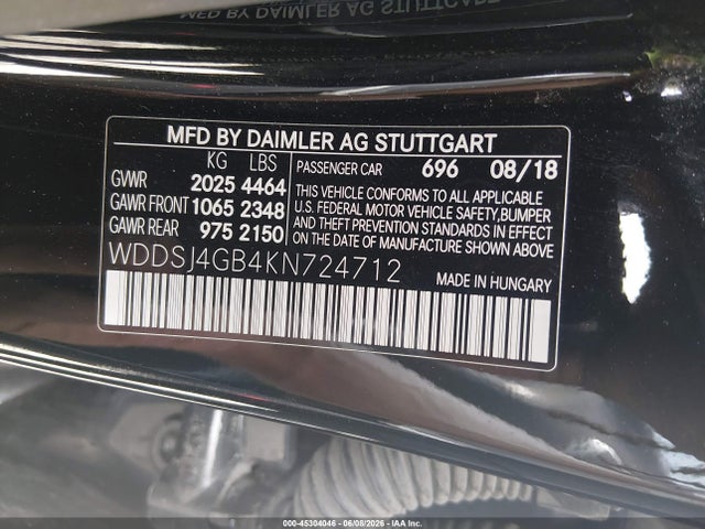 45304046 :رقم المزاد ، WDDSJ4GB4KN724712 vin ، 2019 Mercedes-benz Cla 250 4matic مزاد بيع