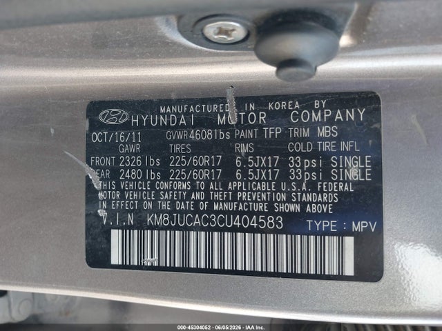 Продаж на аукціоні авто 2012 Hyundai Tucson Gls, vin: KM8JUCAC3CU404583, номер лоту: 45304052