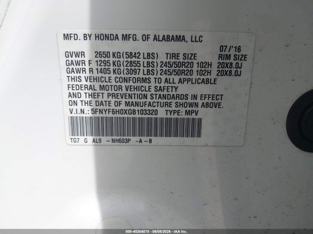 Honda Pilot Elite 2016 5FNYF6H0XGB103320 Image 9
