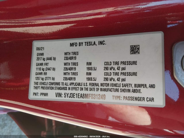 Продаж на аукціоні авто 2021 Tesla Model 3 Standard Range Plus Rear-wheel Drive, vin: 5YJ3E1EA8MF031249, номер лоту: 45304082