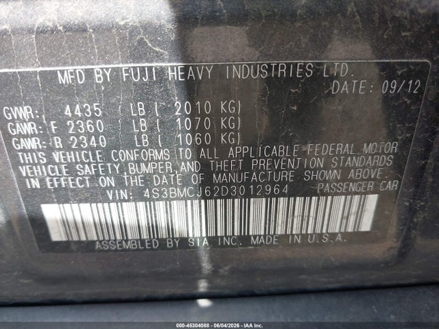 2013 Subaru Legacy 2.5i Limited მანქანა იყიდება აუქციონზე, vin: 4S3BMCJ62D3012964, აუქციონის ნომერი: 45304088